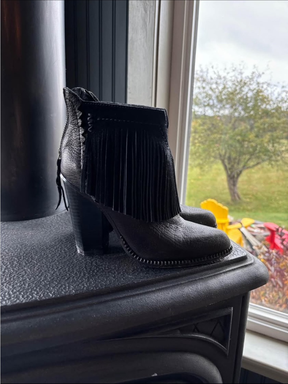 Cynthia Vincent Black Fringe Leather Ankle Booties